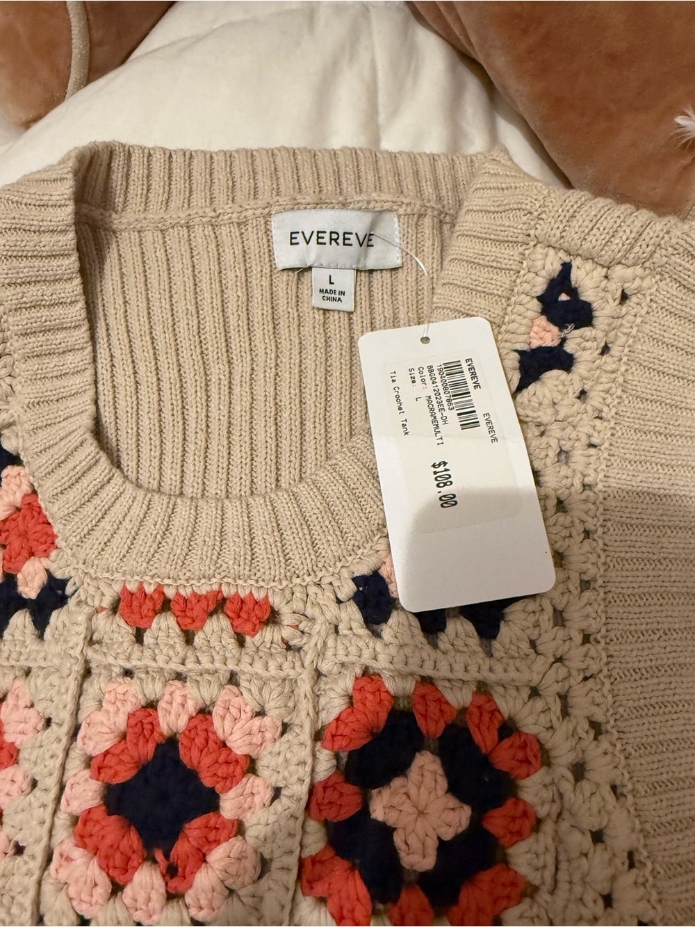 Evereve Cream Crochet Square-Patch Sweater with Pink, Coral & Navy Accents